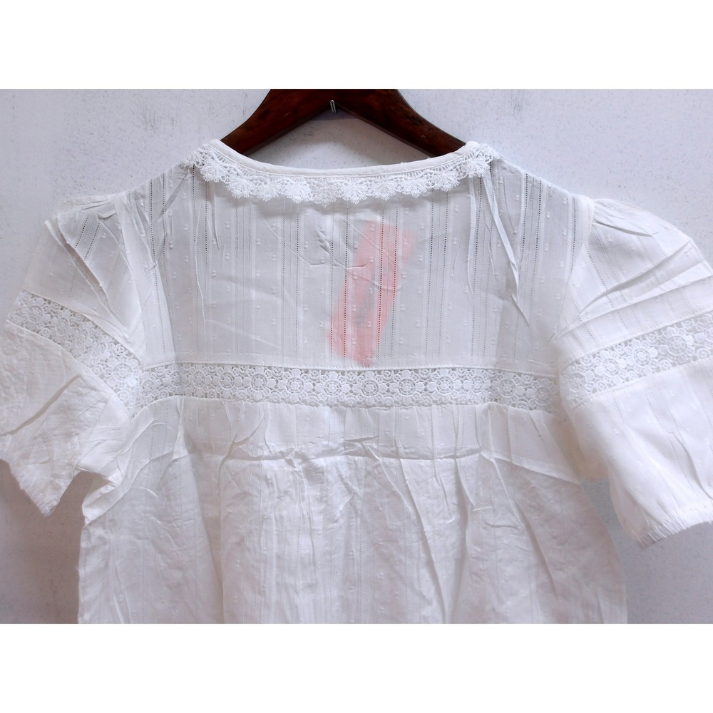 Falechay White Lace Trim Swiss Dot Blouse Short Puff Sleeve Rayon Top M/ #26336 - Picture 7 of 7